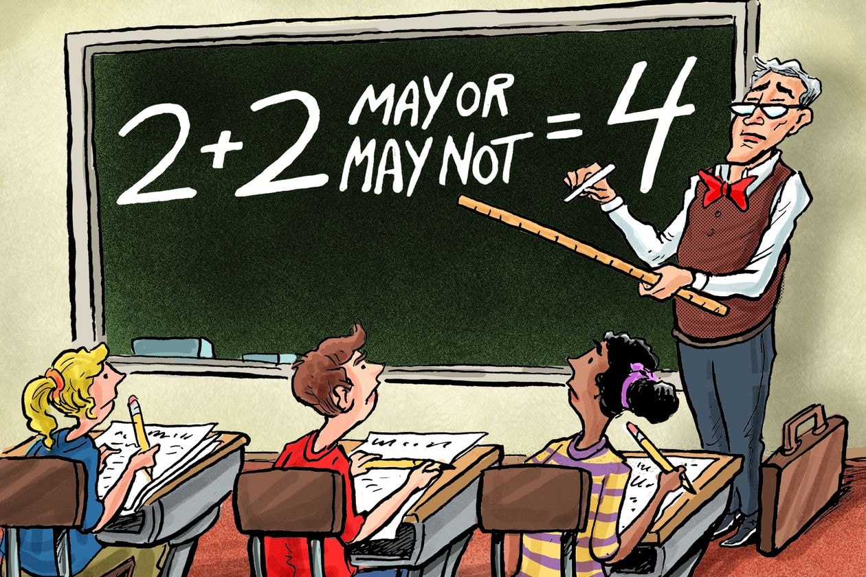 Cartoon illustration of a teacher pointing to a chalkboard reading '2+2 May or May Not = 4'